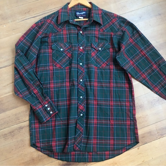 Wrangler Vintage Red Green Plaid Cotton button up X-LONG TAILS 17-36 TALL - Picture 11 of 13